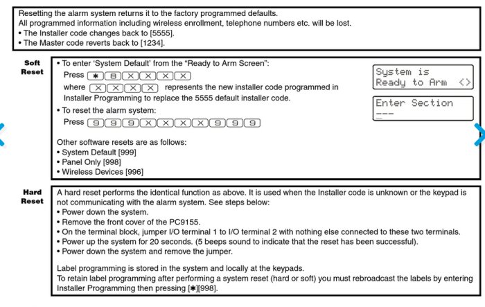 Skärmdump av manual för återställning av PC9155-alarmsystemet med instruktioner för mjuk och hård reset.