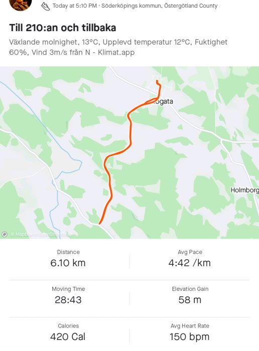 Kartskärm med en markerad löprunda på 6.10 km och träningsdata såsom tid och kaloriförbränning.