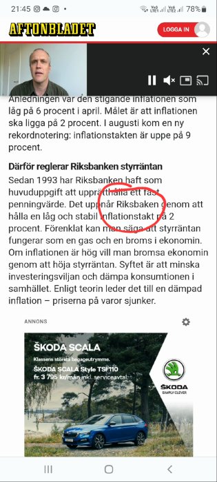 Skärmdump från Aftonbladet med en person som refererar till en nyhetsartikel om inflation och räntor samt en bannerannons för en bil under.