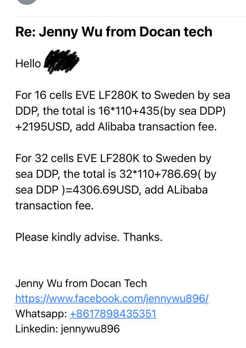 Skärmbild av ett e-postmeddelande med kostnadsberäkningar för celler från EVE LF280K och kontaktuppgifter.