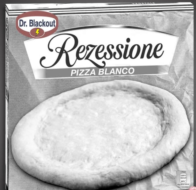 Förpackning av "Rezessione Pizza Blanco" med synlig vit pizza i kartong.