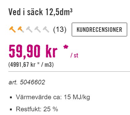 Produktinformation om ved i säck med pris och volym från butik, kundrecensioner indikeras.