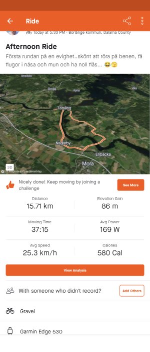 Skärmavbildning av en cykeltur med karta och statistik inklusive distans, tid och kaloriförbränning.