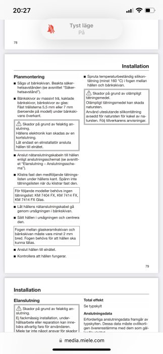 Skärmdump av installationsmanual för köksapparat med varningssymboler och instruktionstexter.