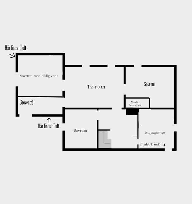 Schematisk ritning av husplan med markerade ventilationspunkter, frånluftsfläkt och tilluft i groventré och sovrum.