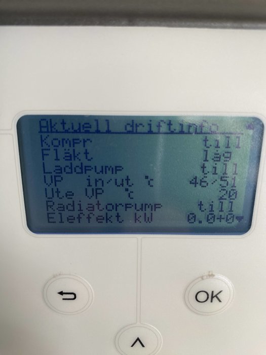 Display av värmepumpsdriftinfo visar aktuell driftstatus såsom kompressortemperatur och effekt.