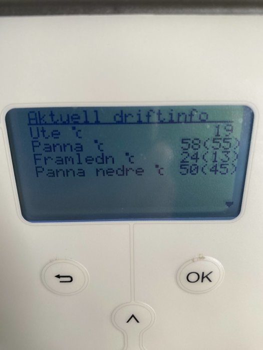 LCD-display visar driftinformation för EcoAir och EcoEl med temperaturvärden och status.