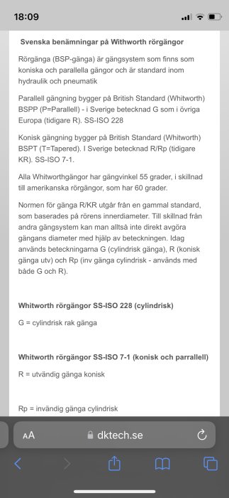 Skärmdump av en webbsida med information om Svenska benämningar på Whitworth rörgängor och standarder såsom SS-ISO 228 och SS-ISO 7-1.