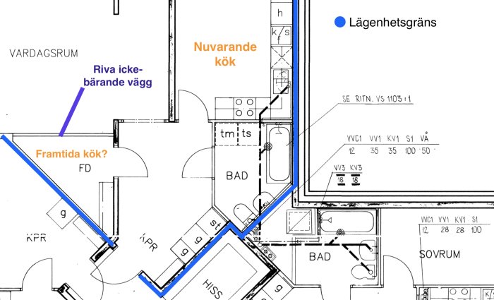 Ritning av lägenhet med markerad icke-bärande vägg för rivning och framtida köksplacering.