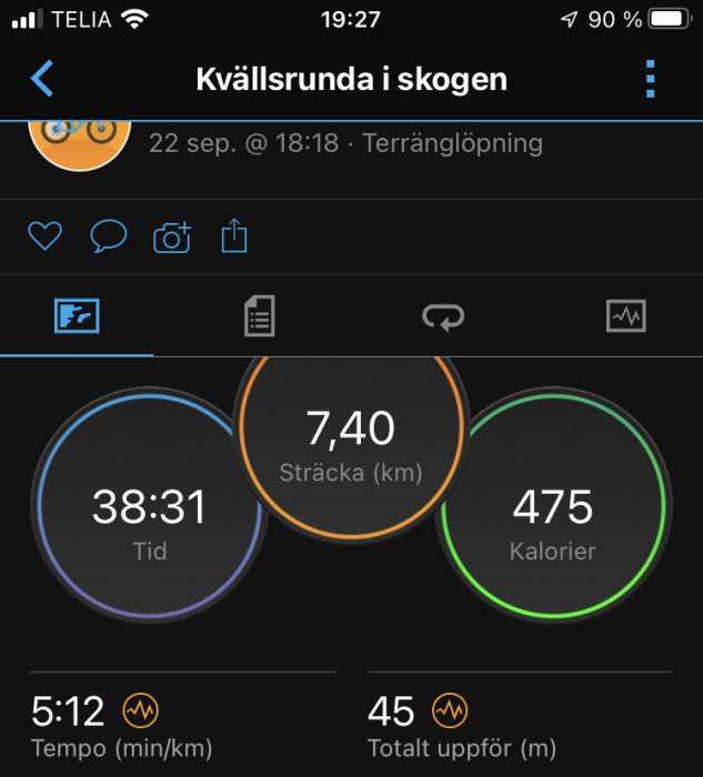 Skärmavbild av löparapp med statistik: 7,40 km sträcka, 38:31 tid, 475 förbrukade kalorier, 5:12 min/km tempo.