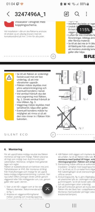 Skärmdump av installationsinstruktioner för fläktar med illustrationer av korrekt och felaktig montering.