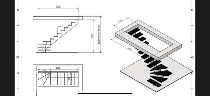 Ritning av en enbalks trappa i profil och 3D-vy med angivna mått och svarta furutrappsteg.