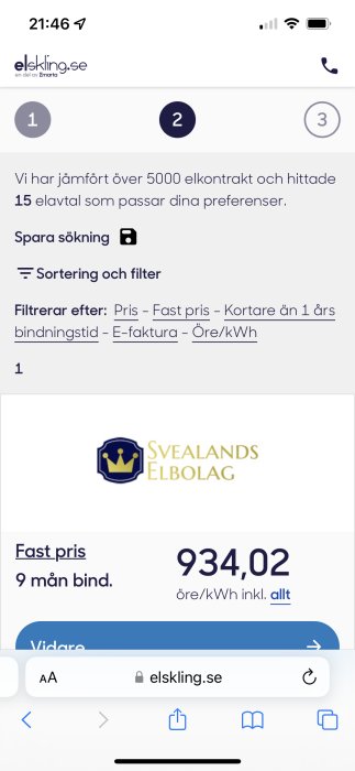 Skärmdump från elskling.se som visar jämförelse av elavtal med 934,02 öre/kWh för fast pris och 9 månaders bindningstid.