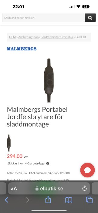 Portabel jordfelsbrytare för sladdmontage från Malmbergs, visad på en online-butiksida.