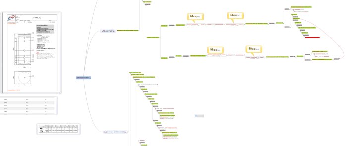 Mindmap och produktschema för komponentplanering av värmesystem, med detaljerade anteckningar och rörplaner.