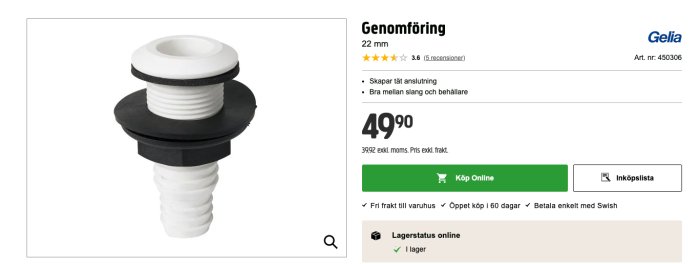 Genomföring 22 mm för anslutning mellan slang och behållare, vit och svart, på vit bakgrund.