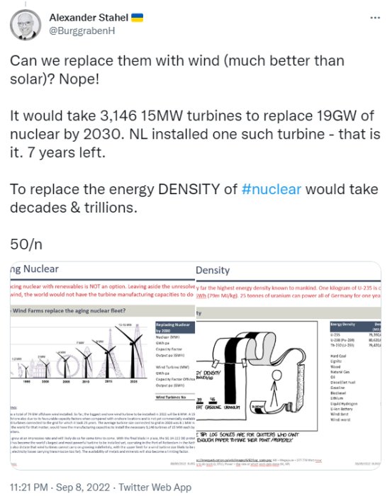 Skärmdump av en Twitter-tråd om vindkraft jämfört med kärnkraft, inklusive diagram och illustrationer.