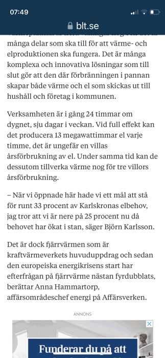 Skärmdump av en nyhetsartikel på en webbsida med text om elproduktion och fjärrvärme.