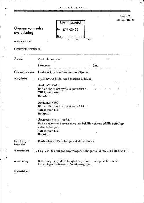 Dokument från Lantmäteriet gällande vattentäkt med text om servitut för väg och brunnsanvändning.