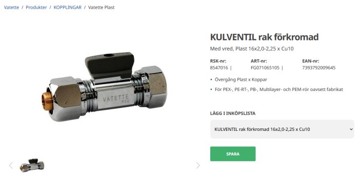 Kulventil rak försilvrad med kopplingar för PEX-rör, storlek 16x10, varumärke Vatette.