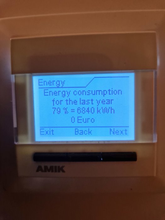 Display visar energiförbrukningen 840 kWh för det senaste året på en elvärmepanel.