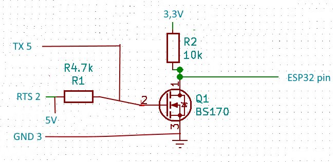 Elektroniskt schema som visar anslutning av en BS170 mosfet till en ESP32 pin med tillhörande resistorer.