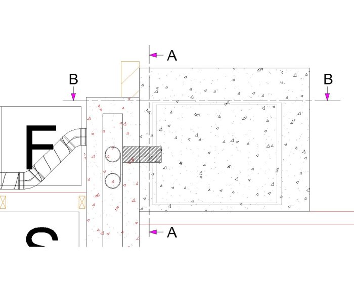 Ritning över byggplan för installation av kamin med markerade avstånd och rökgångar samt position för sotlucka.