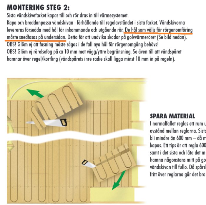 Illustration av installationsgolv för rörledningar med anvisningar om hur man skarvar och installerar.