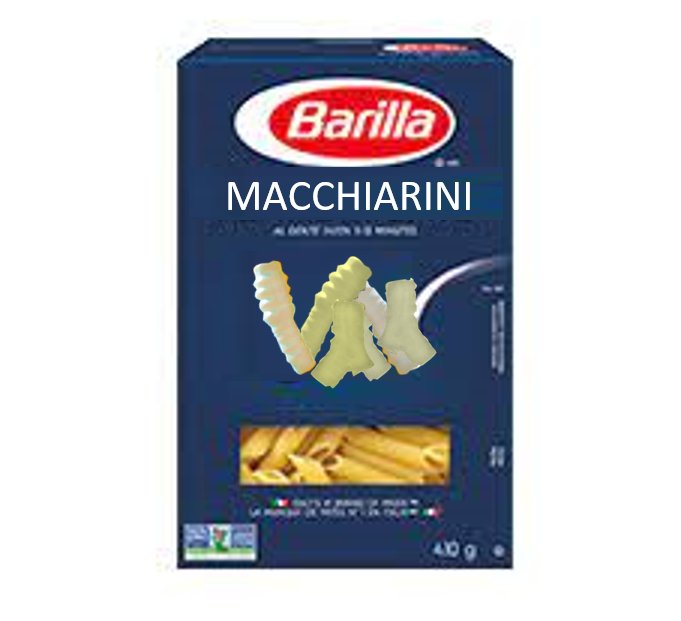 Förpackning av Barilla pasta med texten "Macchiarini" och tre pastaklippformer överlagrade på framsidan.