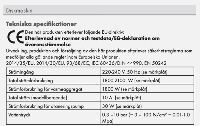 Tekniska specifikationer för en diskmaskin med information om strömförbrukning och vattentryck.