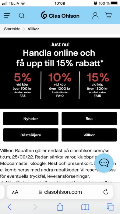 Skärmdump från Clas Ohlson webbsida med erbjudande om upp till 15% rabatt vid användning av rabattkoder.