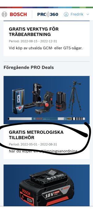 Kampanj från Bosch med text "GRATIS METROLOGISKA TILLBEHÖR", utgången erbjudandeperiod och bild på mätverktyg.