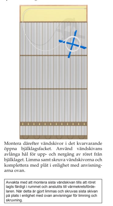 Illustration av anslutning mellan bjälklag och spårskiva för golvvärmeinstallation.