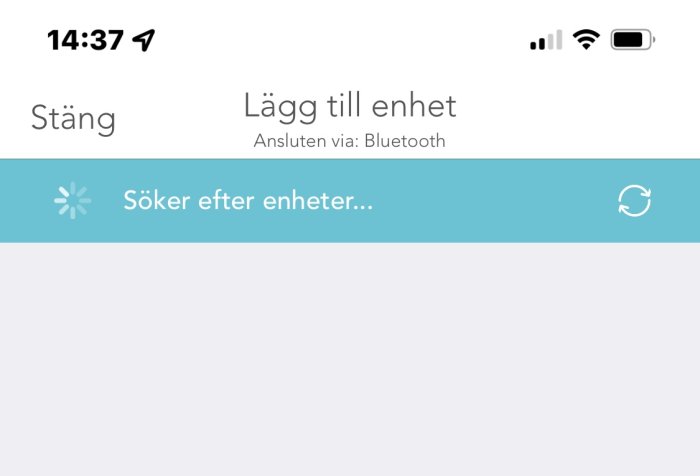 Skärm med Plejd-app som söker efter enheter via Bluetooth för att lägga till i systemet.