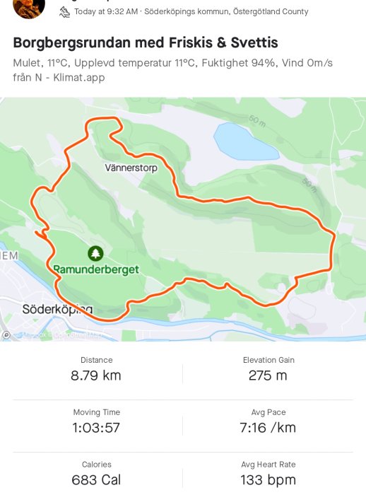 Skärmbild av löprunda med rutt i rött markerad på karta, inklusive distans, tid och klimatdata.