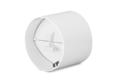 Vit kallrasskydd installerad i friskluftsventil, öppen när fläkten är igång och stängd annars.