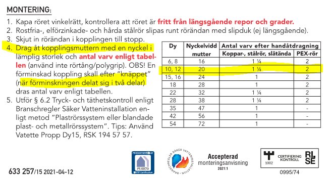 Monteringsinstruktion för Vatette klämringskoppling med tabell för åtdragningsmoment och antal varv.