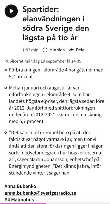 Skärmklipp av nyhetsartikel om minskad elanvändning i södra Sverige, titeln och text med citat.