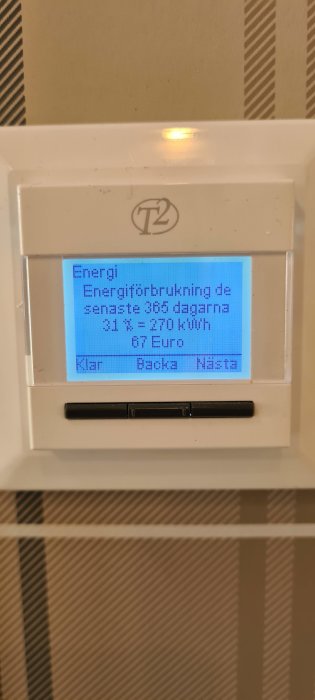 Termostatdisplay som visar energiförbrukning på 370,1 kWh och kostnaden 87 Euro.