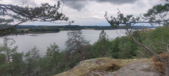 Utsikt från en klippa över en sjö med omgivande träd och natur.