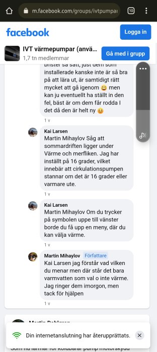 Skärmdump av en Facebook-diskussionstråd om värmepumpar med kommentarer och tips om inställningar.