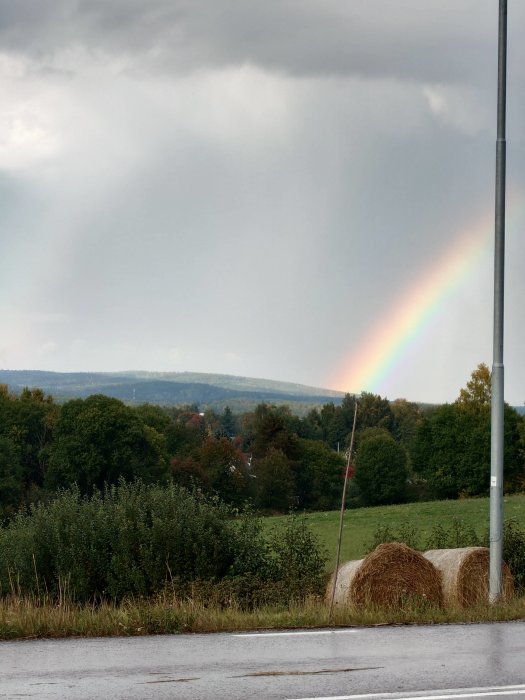 Regnbåge över landskap med halmrullar och vägkant efter regn.