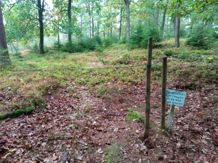 Stig i skog med betesskylt som varnar att man går in på eget ansvar om man passerar staketet.