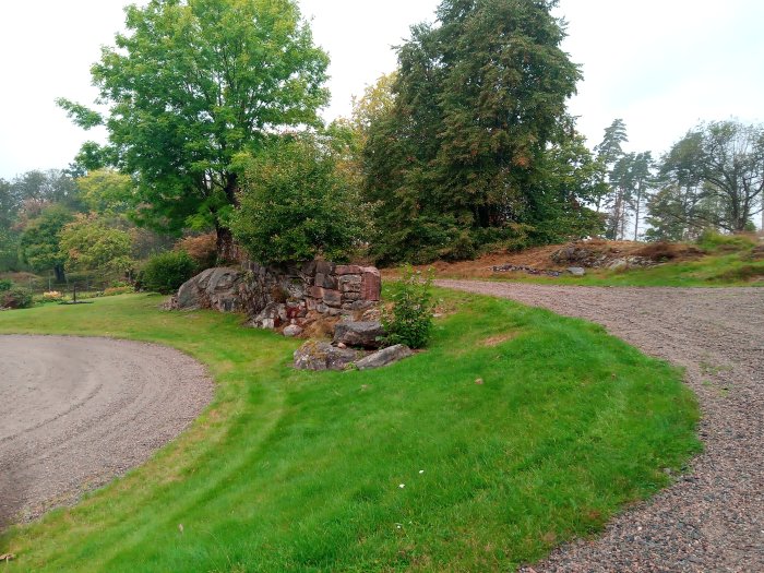 Grusväg och gräsmatta med stenmur och träd vid en landsbygdsgård, inga fordon synliga.
