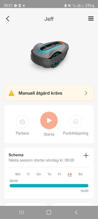 Smartphone app visar gräsklipparrobot och felmeddelandet "Manuell åtgärd krävs" på skärmen.