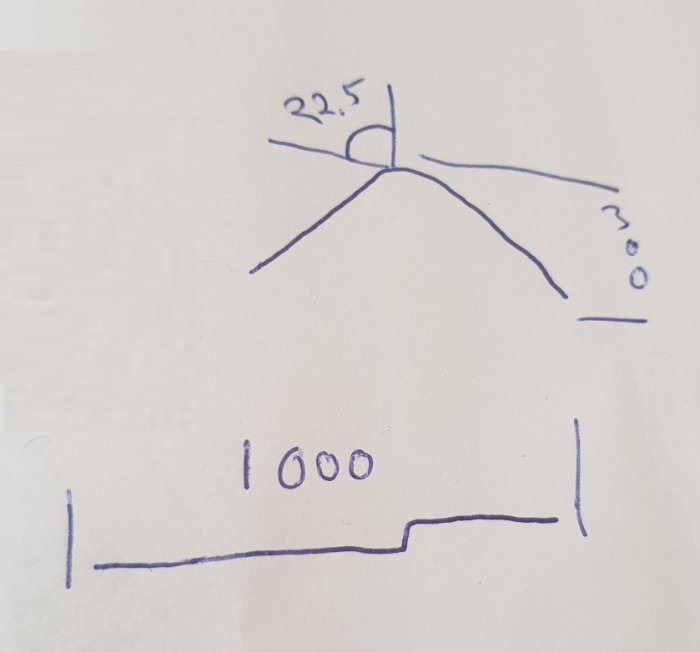 Handritad skiss av byggdetaljer med måttangivelser 22.5 och 30.0, samt markering 1000.