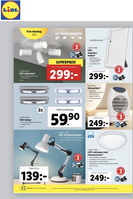 Reklamblad från Lidl visar sortiment av lampor och belysning, inklusive LED-lampor i tvåpack för 59.90 kr.