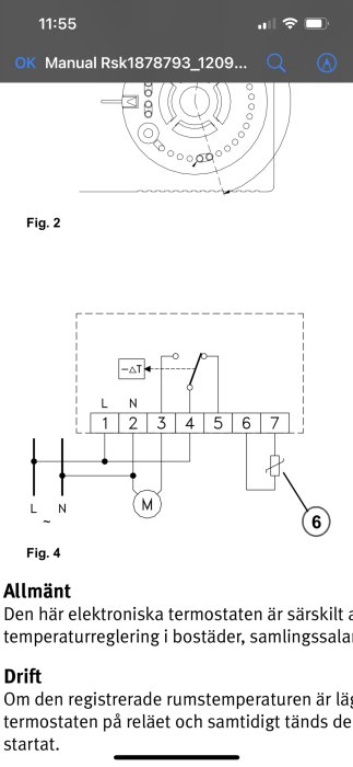 Schematisk illustration av en elektronisk termostat med kopplingsschema och komponentplacering.