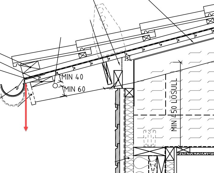 Detaljerad teknisk ritning av byggkonstruktion med måttangivelser och bjälklag.