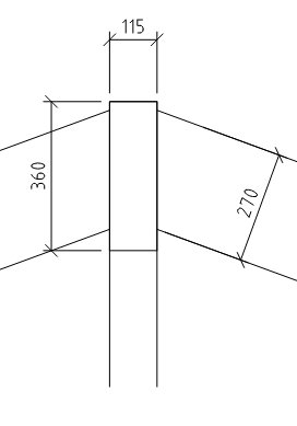 Ritning med mått av en konstruktion med flera anslutande vinklar och dimensioner.